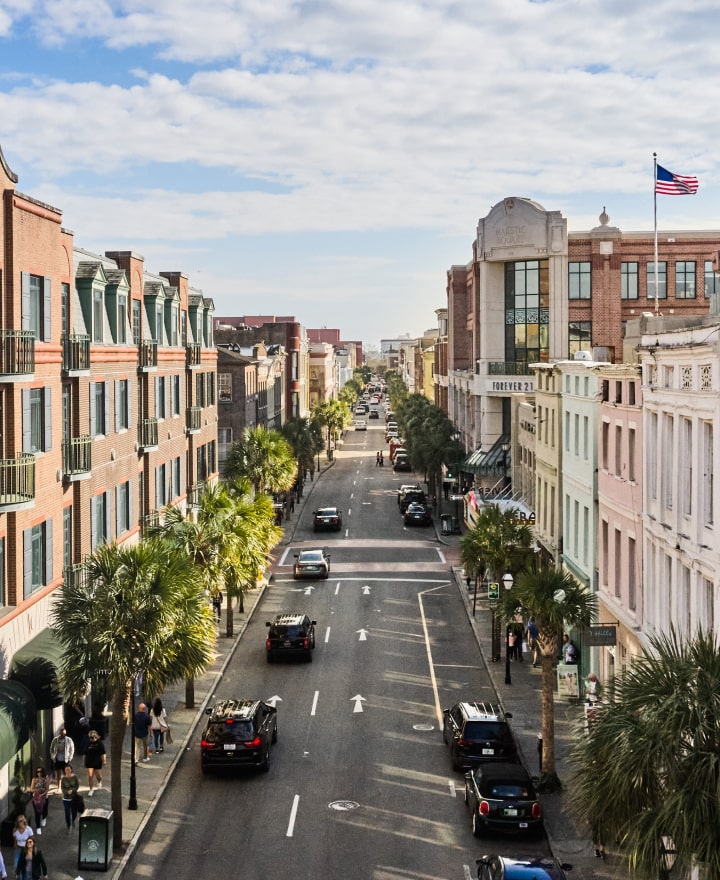 Aerial view of a Charleston street during a spring day.