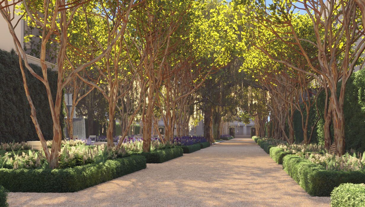 This image depicts a walkable outdoor path through a garden