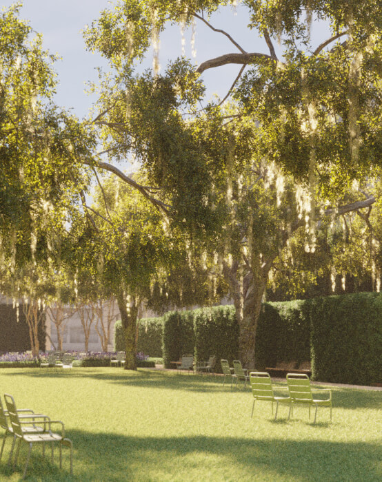 This image depicts an outdoor lawn with chairs and sunlight