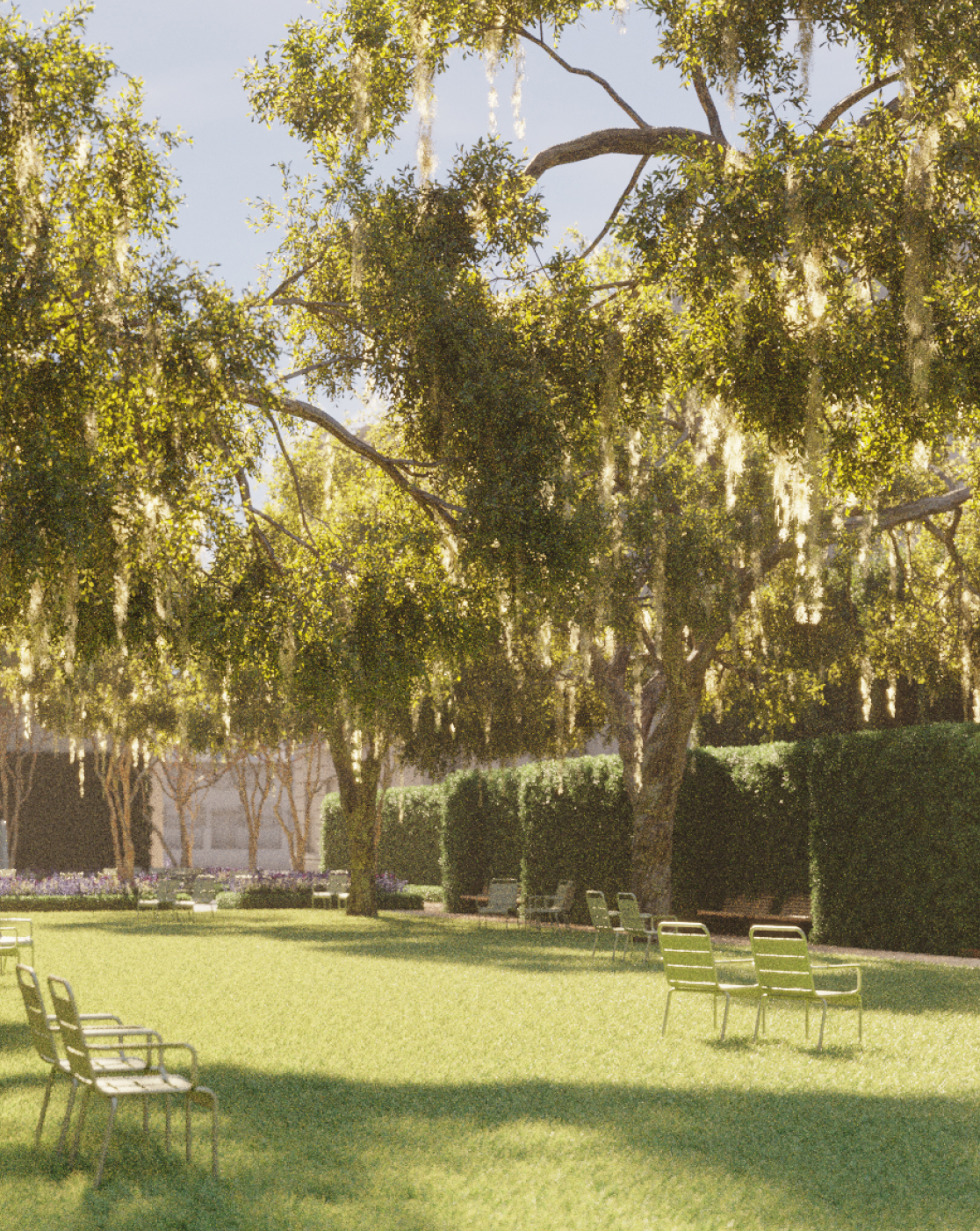 This image depicts an outdoor lawn with chairs and sunlight