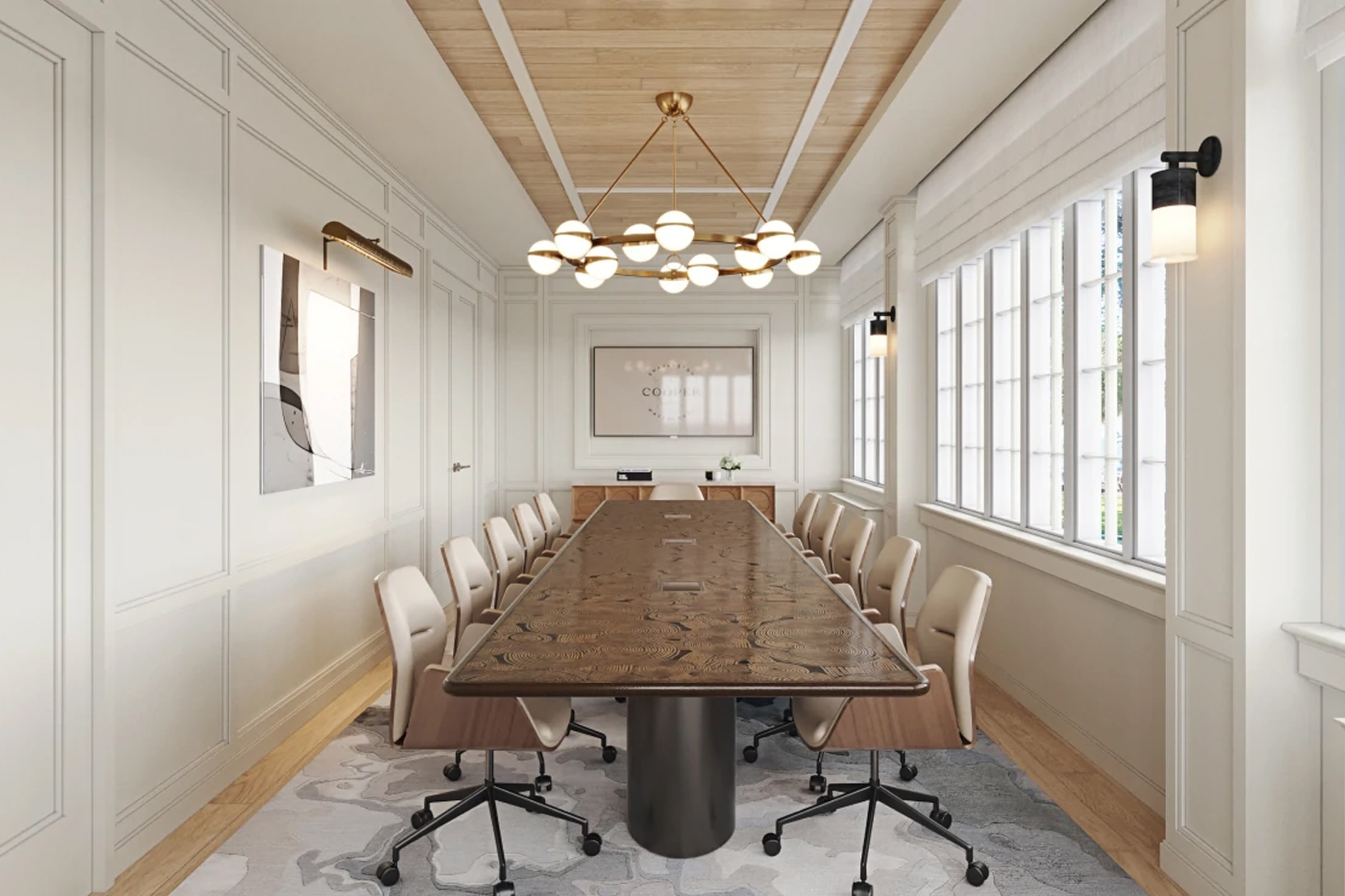 The Palmer Boardroom, a sophisticated meeting room with harbor views, total privacy, and custom furnishings.