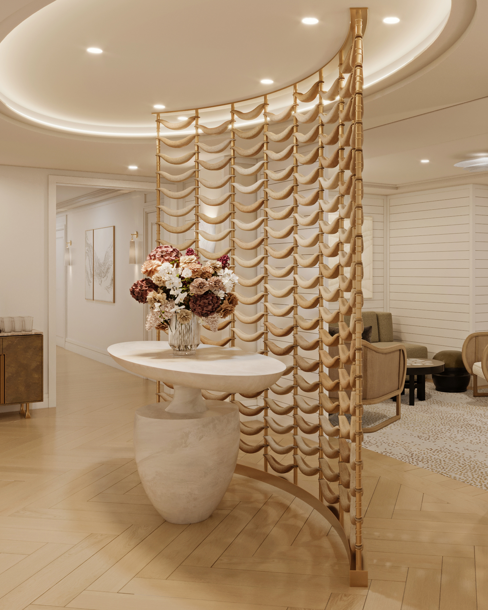 this image depicts an entry way with flowers on a table