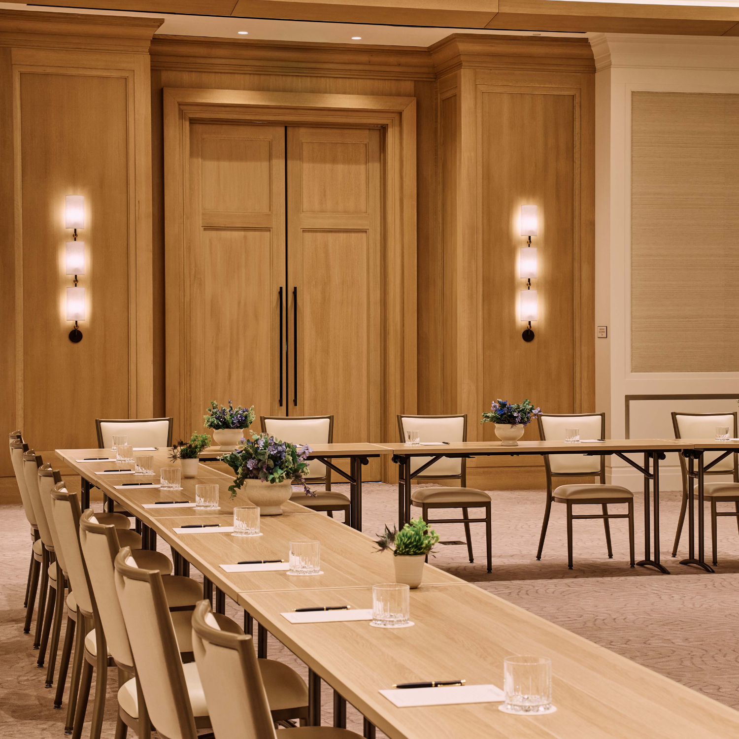 Image of the Asten Ballroom set up in a long table