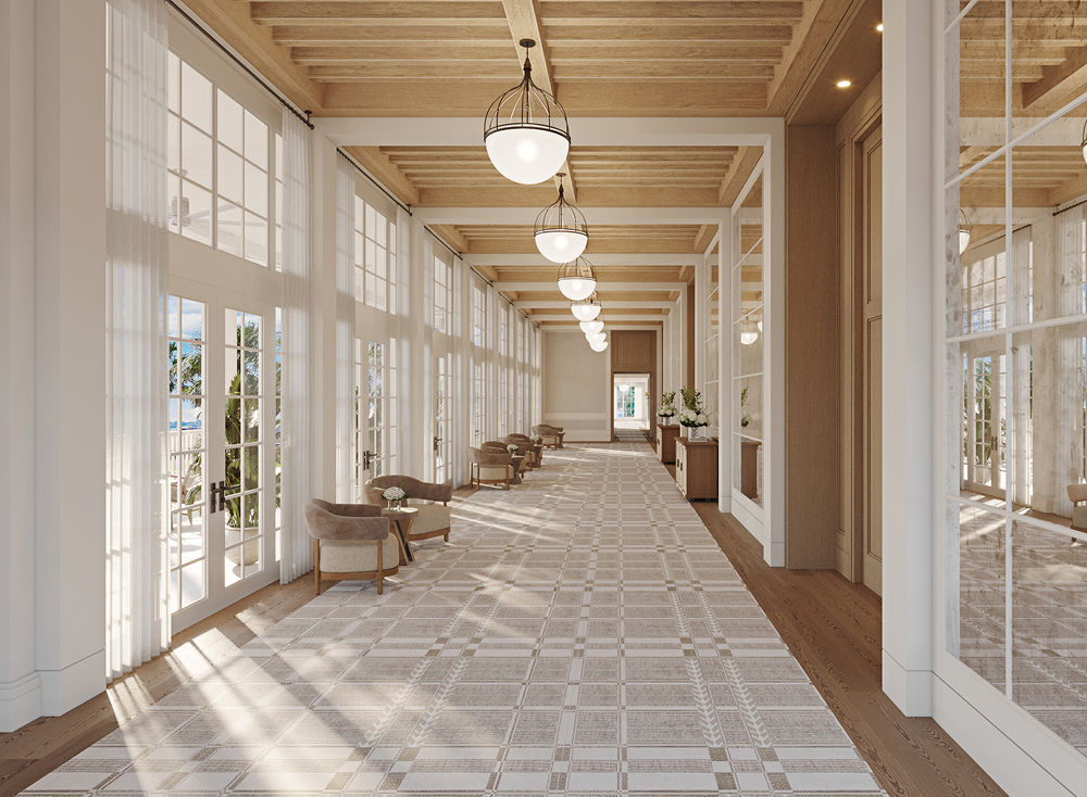 this image depicts a hallway with lights and floor to ceiling doors with places to sit