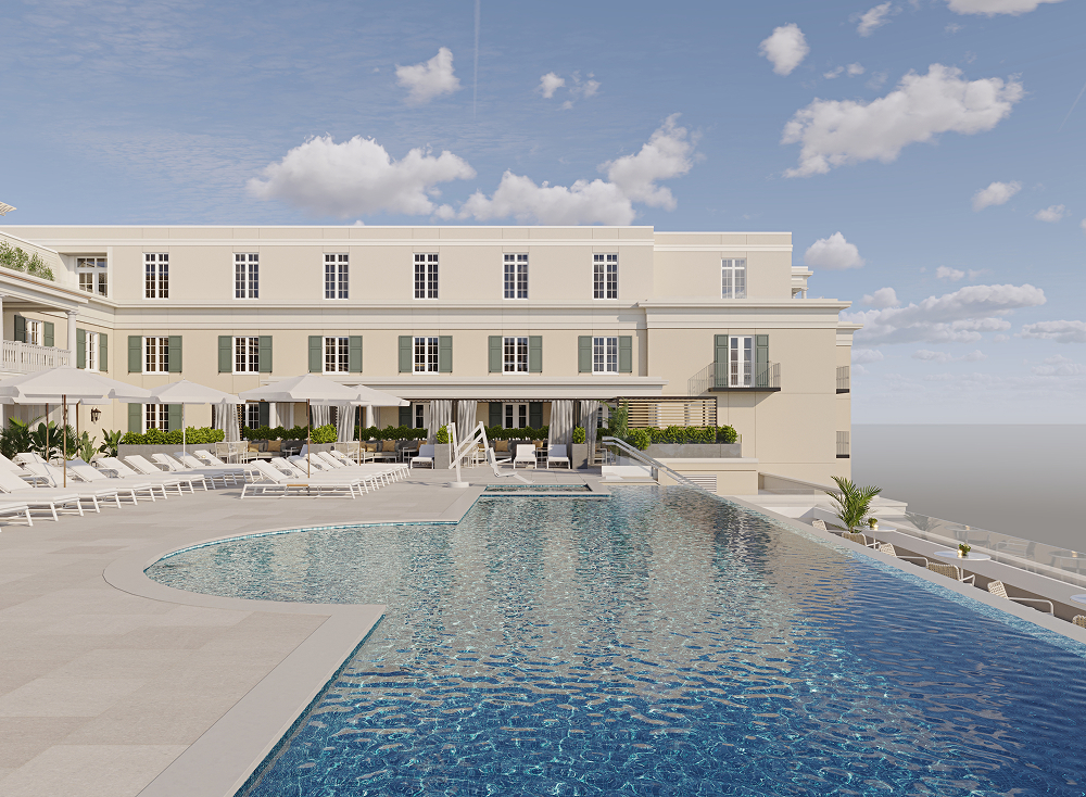 this image depicts the outside of the hotel and pool with lounge chairs in the sun