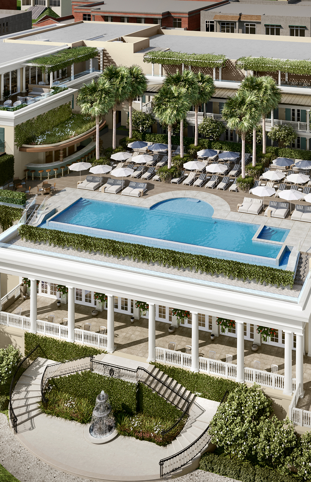 this image depicts the exterior of the hotel and pool