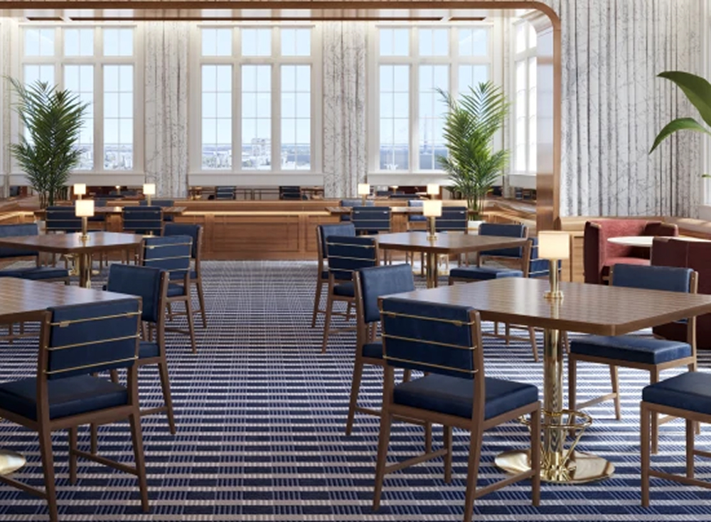 this image depicts a dining room with blue chairs and a blue carpet