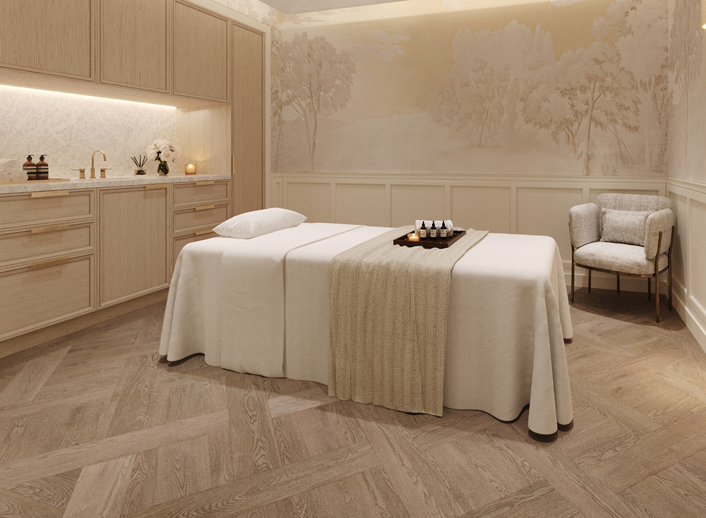 this image depicts a spa bed with floral wallpaper