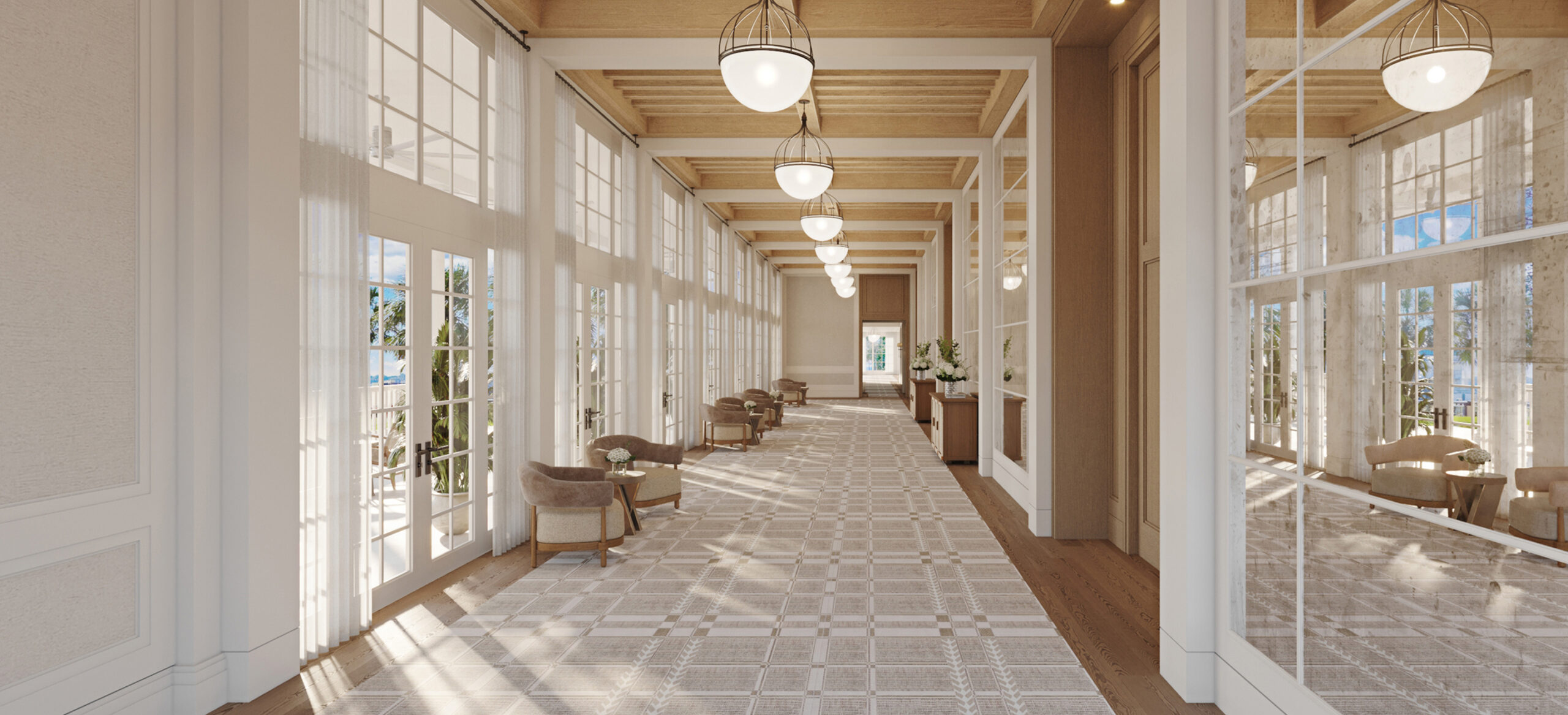 this image depicts a hallway with sun shining through the windows
