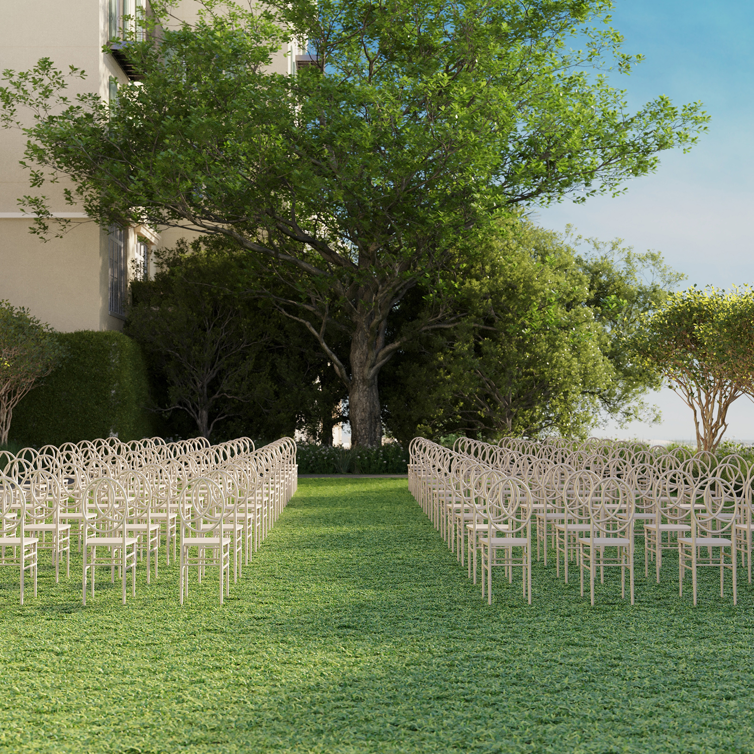 this image depicts a gathering place outside with chairs