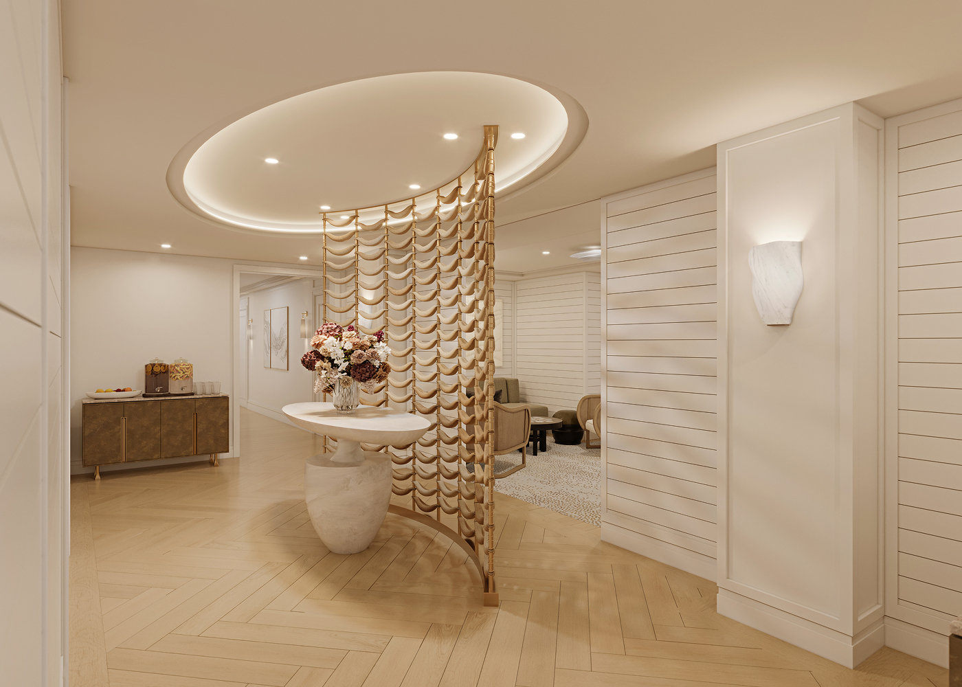 this image depicts a spa entry way with flowers on the table