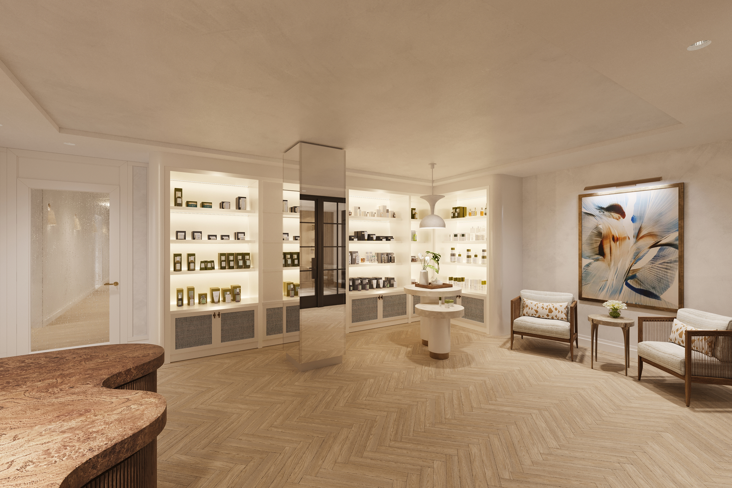 this image depicts products being sold on shelves in a spa