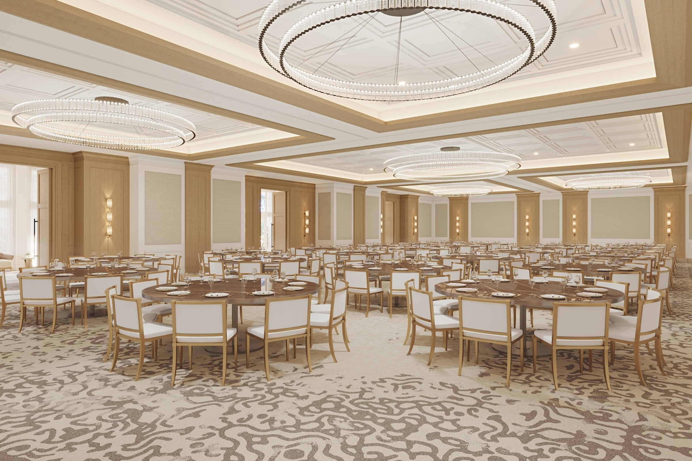 this image depicts a ballroom with set tables