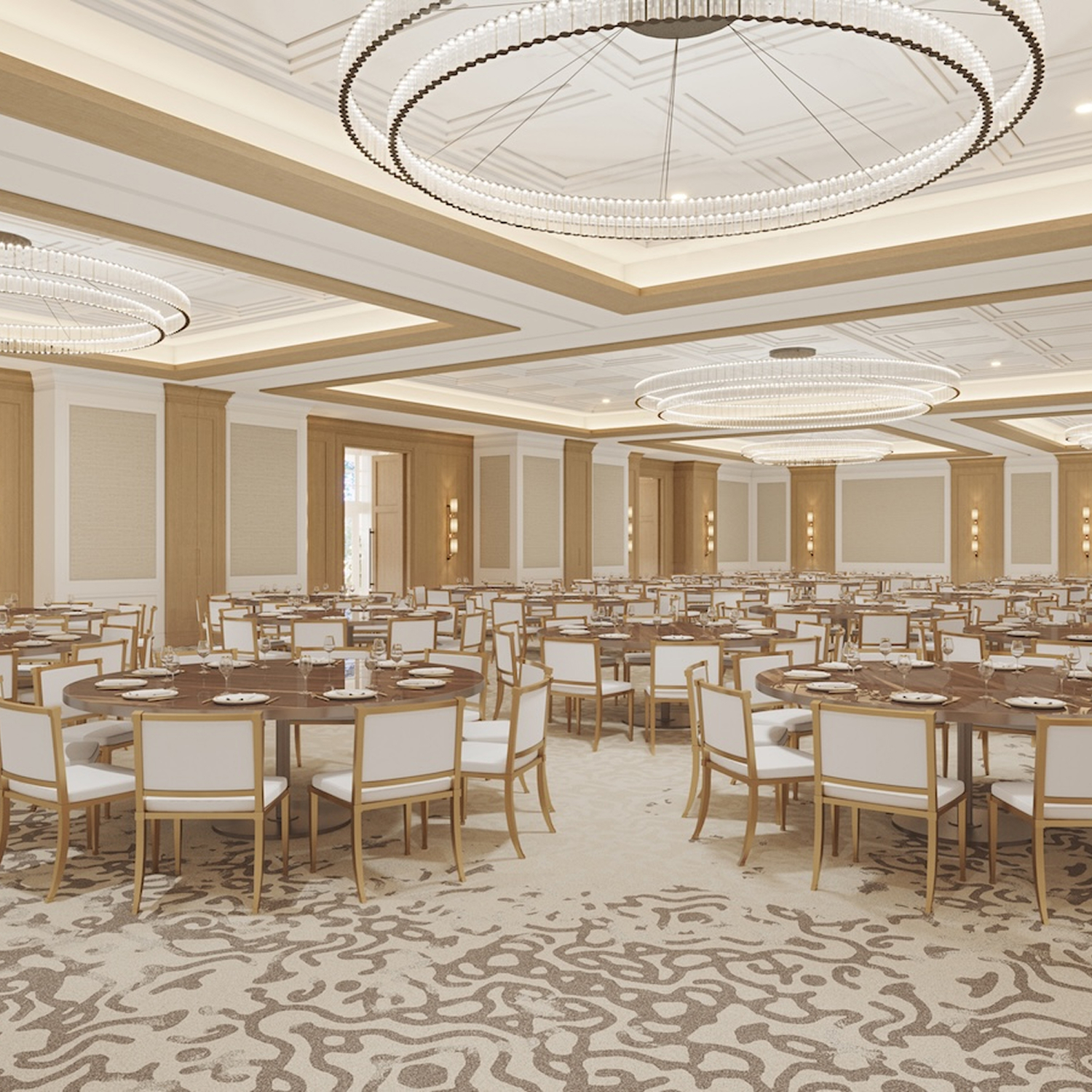 this image depicts a ballroom with set tables