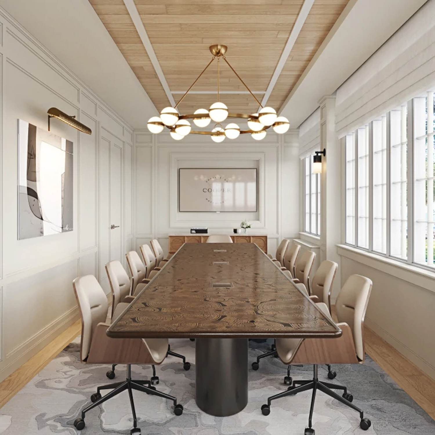 this image depicts a boardroom with windows, chairs and lights