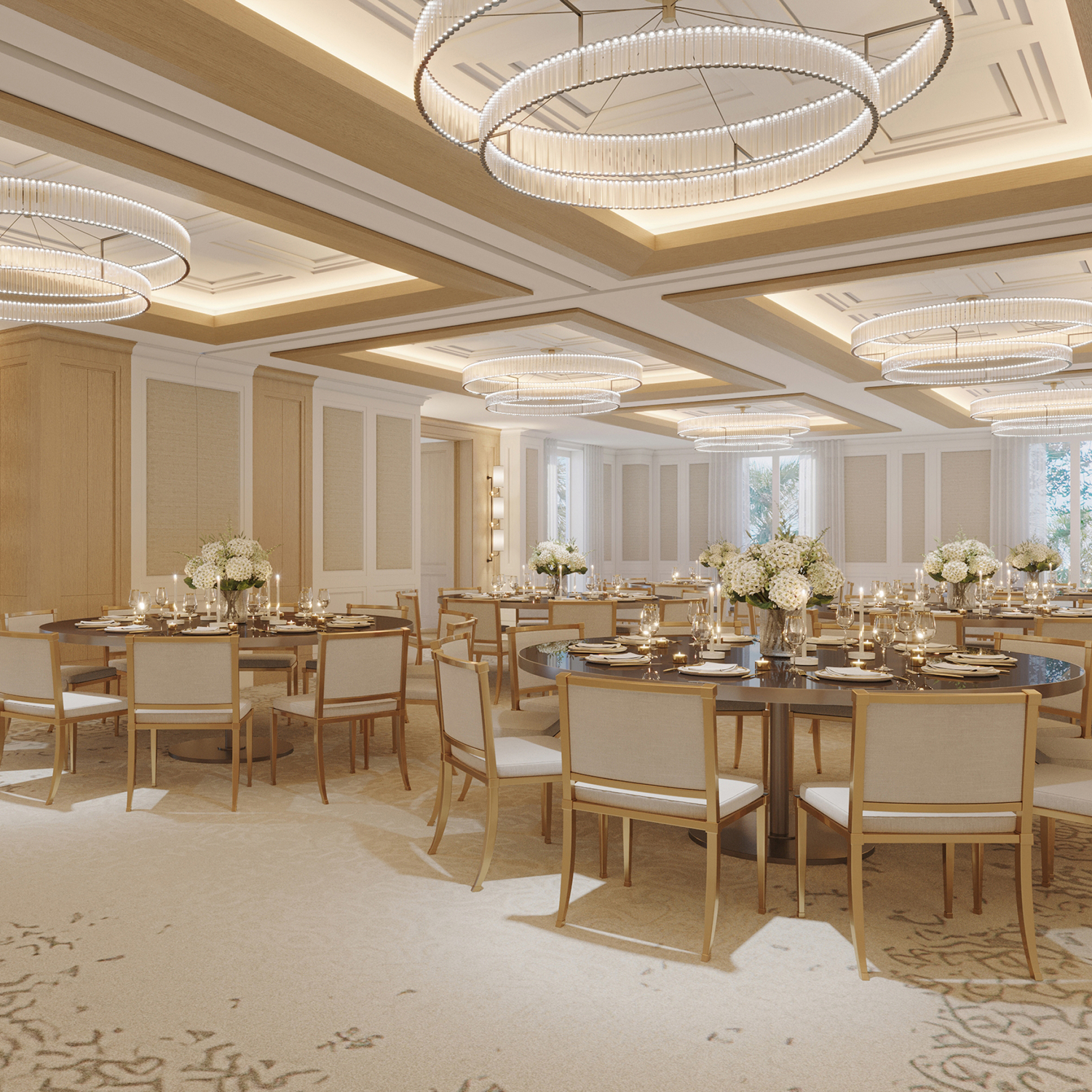 this image depicts a ballroom with set tables